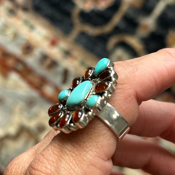 925 and genuine turquoise and amber stone adjustable cluster ring - Picture 9 of 13